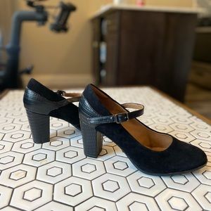 Black suede heels with strap